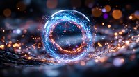 Glowing magical energy ring with blue and orange light trails floating over dark reflective surface amid sparkling bokeh lights and particles.