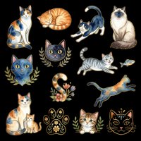 Isolated cat clipart collection featuring various feline poses, expressions and decorative elements on transparent background. Ready for t-shirt design, stickers, print-on-demand products, sublimation and digital crafts.