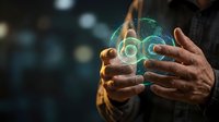 Businessman hands protecting glowing 6G network hologram symbol representing future wireless technology and digital connectivity innovation.