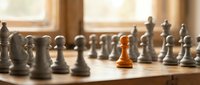 Golden pawn standing out among silver chess pieces on wooden board, symbolizing leadership, strategy, and competitive advantage in business and decision-making.