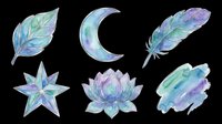 Watercolor mystical elements set with feathers, crescent moon, star and lotus flower in blue and purple tones, isolated on transparent background. Ready for t-shirt design, clipart, stickers, sublimation and print-on-demand projects.