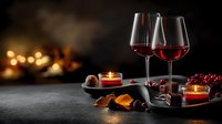 Two glasses of red wine with chocolate, orange slices and burning candles on dark stone background with bokeh lights creating romantic atmosphere.