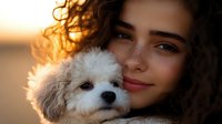 Young woman with freckles and curly hair holding small white fluffy dog at golden sunset, close up portrait showing tender connection between pet owner and puppy.
