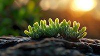 Vibrant green succulent plant growing on dark rock surface at sunset, with soft bokeh background and natural sunlight creating magical atmosphere.