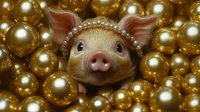 Adorable pig face with pearl crown surrounded by golden spheres and baubles creates whimsical holiday mood. Festive decorative composition on shiny background.