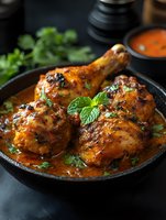 Grilled chicken drumsticks in spicy tomato sauce with fresh herbs served in cast iron skillet for restaurant menu and cooking blog content.