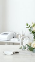 Spa wellness treatment room with white roses eucalyptus leaves and professional equipment on marble surface for relaxation and beauty therapy.
