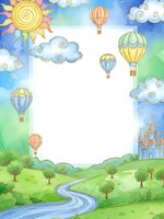 Watercolor fairy tale landscape with hot air balloons, castle, sun and clouds creating magical frame for children's stories and fantasy designs.