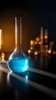 Glass flask with blue liquid in modern laboratory setting with warm bokeh lights creating atmospheric scientific research environment.