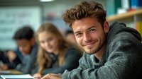 Young Caucasian male student in grey hoodie smiling at camera while studying in college library with diverse group of students working in background, education concept.
