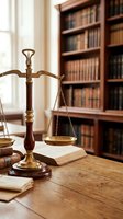 Vintage brass scales of justice on wooden desk in traditional law library with leather-bound books for legal and attorney office concepts.