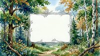 Watercolor forest frame with lush green trees and foliage surrounding blank white space for text or design elements on nature path background.