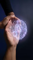 Hand holding glowing digital brain with neural network connections. Represents artificial intelligence, innovation, technology, and cognitive science concepts for business and education.