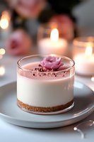 Individual no-bake cheesecake dessert in glass with pink rose topping, cookie crust and romantic candlelight background. Elegant sweet treat for special occasions.
