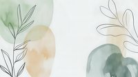 Minimalist botanical line art with soft watercolor circles in sage green and peach tones creates serene abstract composition. Delicate leaves overlay translucent shapes.