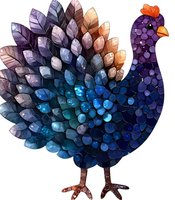 Decorative turkey in watercolor style with gradient blue to purple feathers and orange crest, featuring mosaic-like texture and detailed plumage on white background.