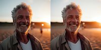 Cheerful senior Caucasian man with gray beard laughing at sunset on beach, golden hour portrait capturing joy and vitality in older adulthood.
