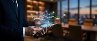 Professional businessman holding smartphone with holographic digital network connections and data visualization in modern office environment at sunset.