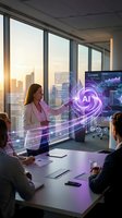 Professional businesswoman presenting AI technology hologram in modern conference room with team members during sunset meeting in corporate office.