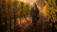 Professional businesswoman walking through vineyard rows during golden hour sunset, wine industry agriculture concept for corporate marketing materials.