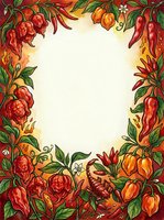 Ornamental border frame featuring red and orange chili peppers, bell peppers, and flowering plants with green foliage on cream background. Isolated design element ready for invitations, menus, and culinary projects.
