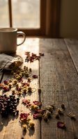 Dried herbal tea leaves and flower petals scattered on rustic wooden table with ceramic mug in warm sunlight creating cozy morning atmosphere.
