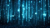 Glowing blue light particles falling like rain against dark background create magical atmosphere for technology and digital transformation concepts.