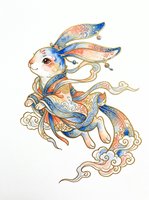 Ornate rabbit in traditional Asian robes with gold accents, floating on clouds. Isolated on transparent background, ready for stickers, sublimation, and t-shirt design.