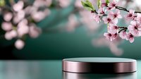 Pink cherry blossom branch over metallic rose gold product display platform against blurred teal background, creating elegant spring promotional scene.