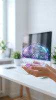 Hands holding futuristic holographic sphere with digital network connections and data visualization in modern office workspace for technology concepts.