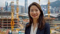 Young Asian businesswoman smiling at construction site with urban skyline and cranes in background, wearing navy blazer and pearl necklace, representing leadership and development.