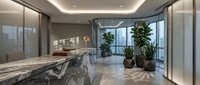 Modern luxury office conference room with marble table, glass walls and city view through floor-to-ceiling windows with natural lighting and plants.