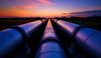 Industrial pipeline infrastructure stretches toward dramatic sunset horizon with vibrant purple and orange sky, reflecting metallic surfaces glowing in twilight atmosphere.
