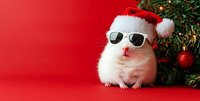 White hamster wearing sunglasses and Santa hat sits near Christmas tree with red ornaments against vibrant red background, creating festive holiday mood.