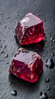 Raw red garnet crystals on wet dark stone surface with water drops, dramatic lighting highlights mineral transparency and deep crimson color. Luxury gemstone concept.