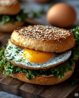 Gourmet breakfast sandwich with fried egg, fresh lettuce on sesame seed bun served on wooden board. Healthy morning meal concept for cafe menu design.