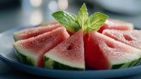 Fresh watermelon wedges arranged on blue ceramic plate with green basil leaves garnish, close up view showing juicy red flesh and crisp texture.