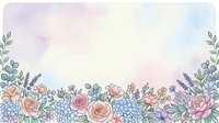 Soft watercolor floral border with pastel roses, hydrangeas, and lavender on a dreamy gradient background, perfect for cards and invitations.