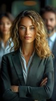 Young professional woman with blonde curly hair wearing business suit and white blouse stands confidently with arms crossed in corporate office environment.