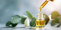 Golden essential oil droplet falling from dropper into small glass bottle with fresh eucalyptus leaves, natural aromatherapy concept.