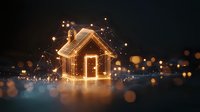 Glowing miniature house with magical light effects and sparkles against dark background creates cozy festive atmosphere for holiday designs.