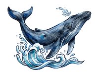 Humpback whale breaching ocean waves with water splashing, isolated on white background for design, clipart, and marine wildlife projects.