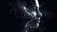 Digital particle dispersion effect on human profile silhouette against black background for creative design projects and artistic compositions.