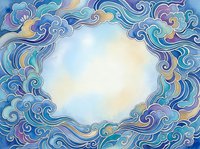 Watercolor swirling clouds frame with pastel colors creating circular border on white background for greeting cards and decorative designs.