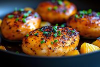 Pan seared sea scallops with pepper seasoning and fresh herbs garnished with citrus segments on dark plate, close up view of gourmet seafood appetizer.
