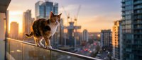 Tabby cat standing on urban balcony railing at sunset with city skyline backdrop. Pet safety and apartment living concept for lifestyle content.