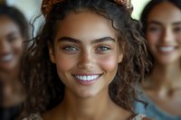 Happy young mixed race woman with curly hair smiling at camera with diverse female friends in background for lifestyle and friendship concepts.