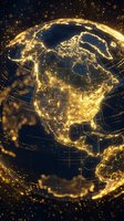 Glowing Earth with illuminated North America continent showing bright city lights and network connections against dark space background with golden particles.