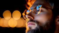 Bearded man in glasses illuminated by warm bokeh lights at night, profile view with atmospheric orange glow creating moody cinematic portrait.