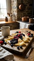 Homemade crepes with fresh berries and jam on wooden board in rustic kitchen setting with copper cookware and morning light for breakfast recipes.